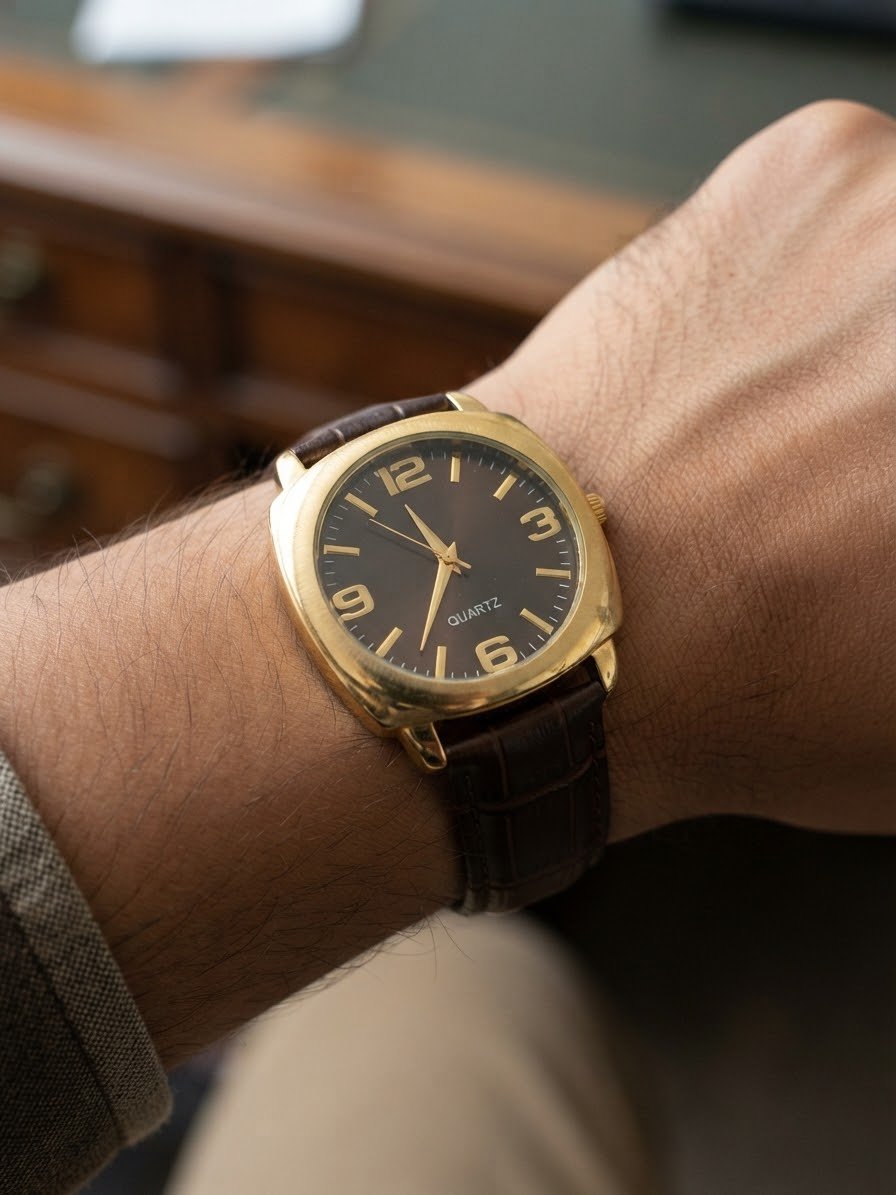 Belle montre pour homme en cuir marron et cadran doré neuve avec étui Oriflame 