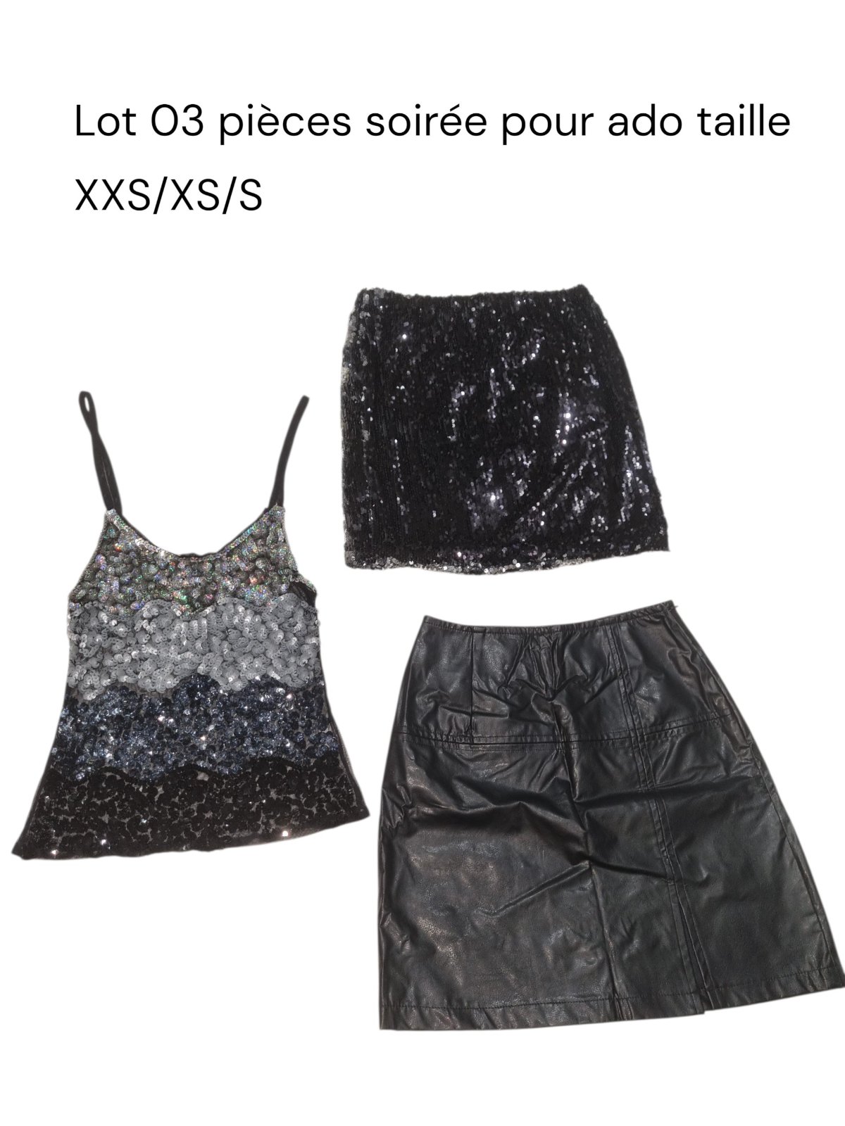 Joli lot soirée pour ado ou femme top à sequins 01 mini jupe à sequins 01 mini jupe avec fente en similicuir taille XS/S 