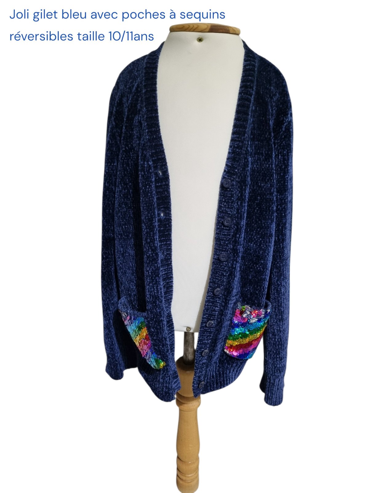 Joli gilet bleu avec poches à sequins réversibles 10/11 ans