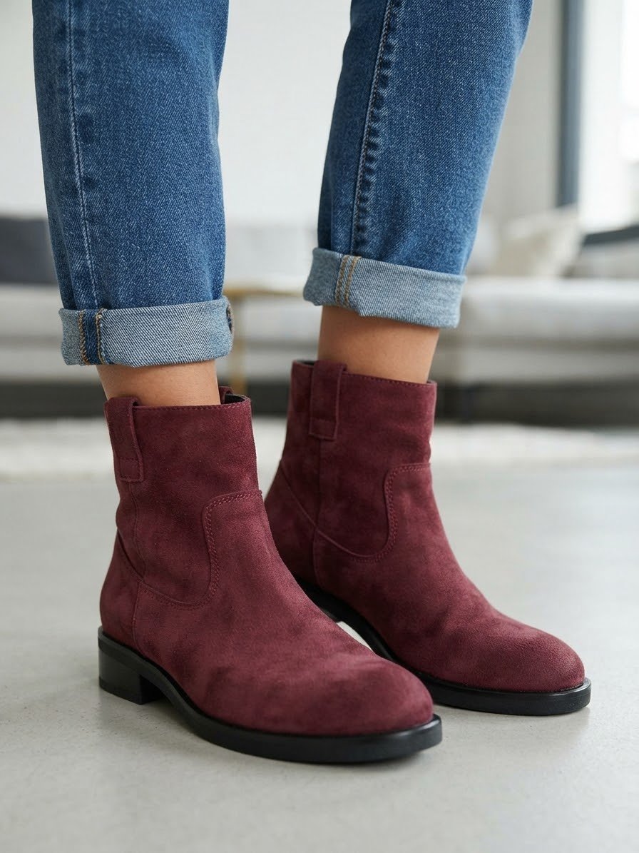 Belles bottines en suède couleur rouge bordeaux P36 