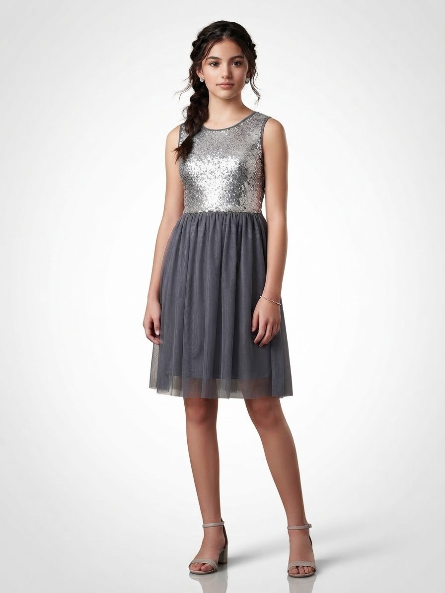 Belle robe soirée en tulle et sequins couleur gris et argenté âge 11/13ans