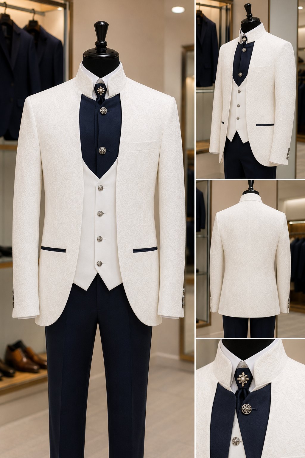 Costume de marié homme complet – Blanc & bleu marine – Excellent état