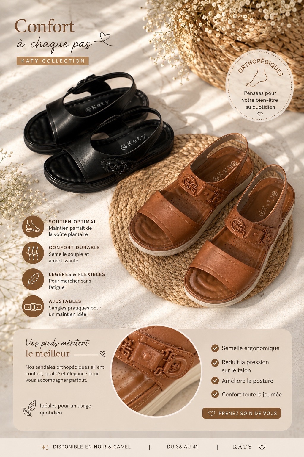 Deux Sandales orthopédiques femme – Confort & maintien 🤎🖤
