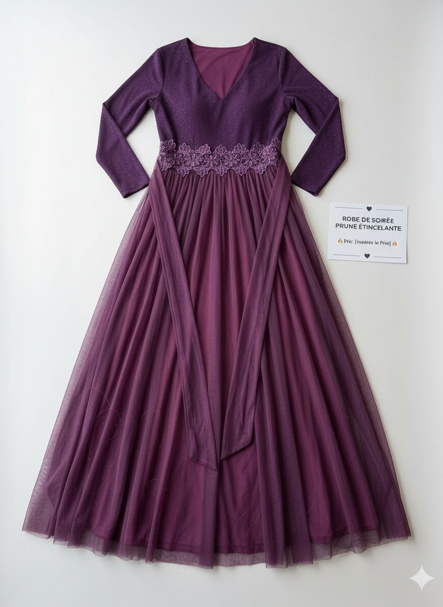 💕💕Robe de Soirée Prune Étincelante - Coupe Empire & Tulle Scintillant💕💕