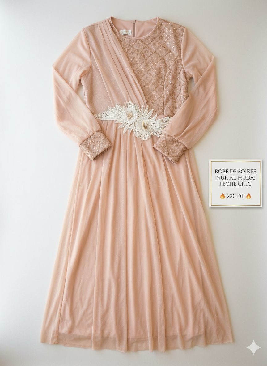Robe de Soirée "Nur Al-Huda" - Pêche Chic & Broderies Florales