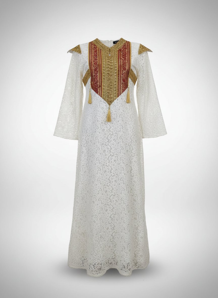 😍Robe Traditionnelle en Dentelle Blanche - Broderies Or & "Machmar😍