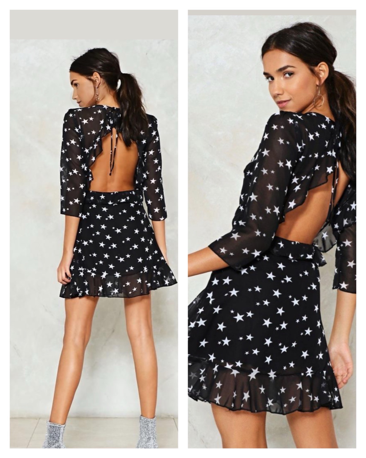 Une mini-robe noire à motif d'étoiles blanches de la marque Nasty Gal
