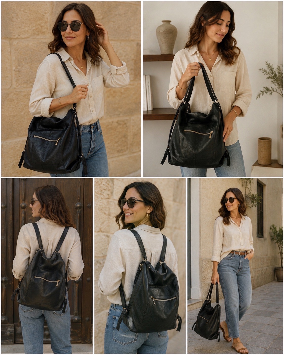 👜 Grand sac noir en cuir 3 en 1 – Sac à dos, bandoulière ou à main