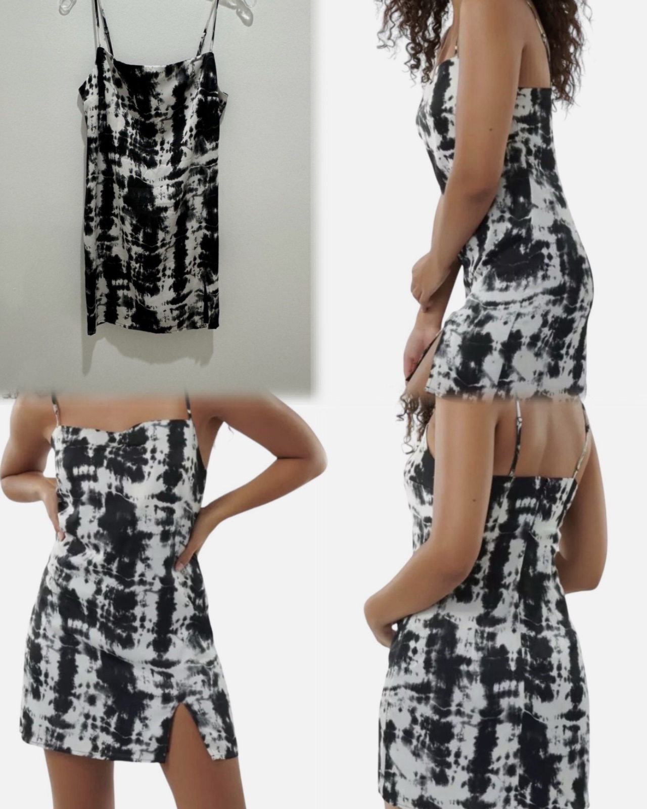 Robe courte nuisette en satin au motif tie-dye noir et blanc