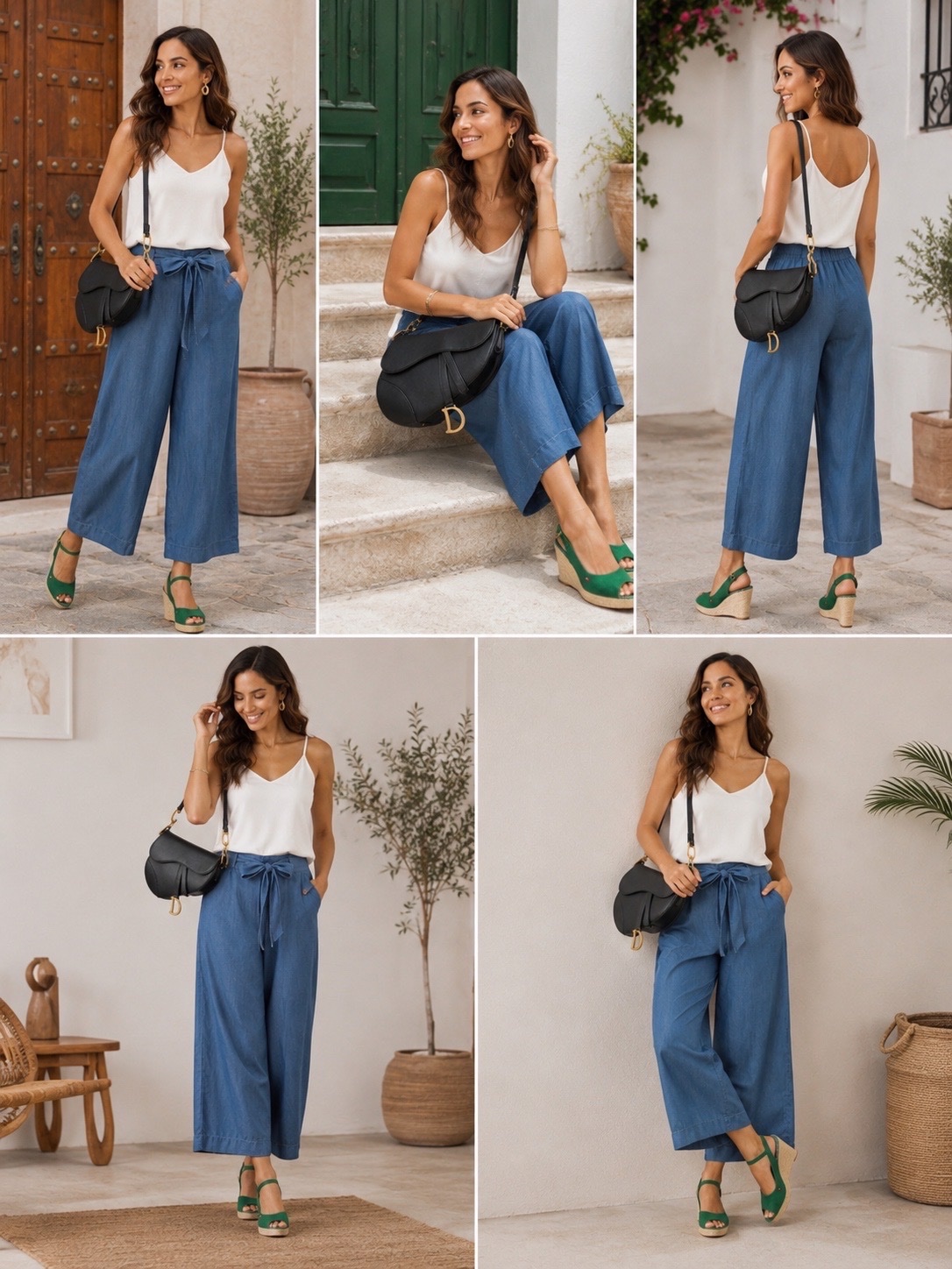 Pantalon large et fluide pour femme en chambray bleu (effet denim léger) de la marque Joe Fresh+, caractérisé par une taille haute froncée et une ceinture en tissu assortie à nouer.