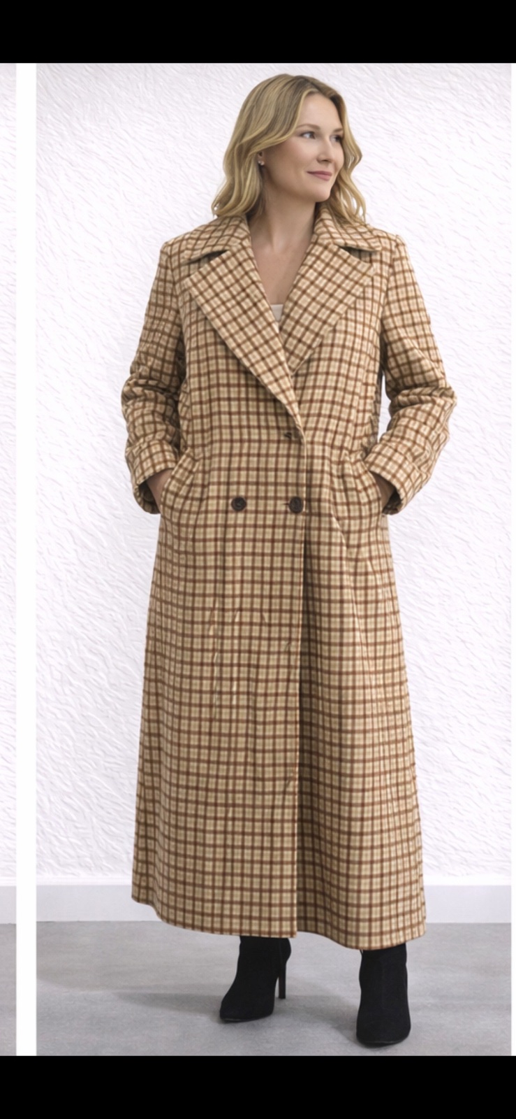 Manteau beige à carreaux en  laine,style trench longue