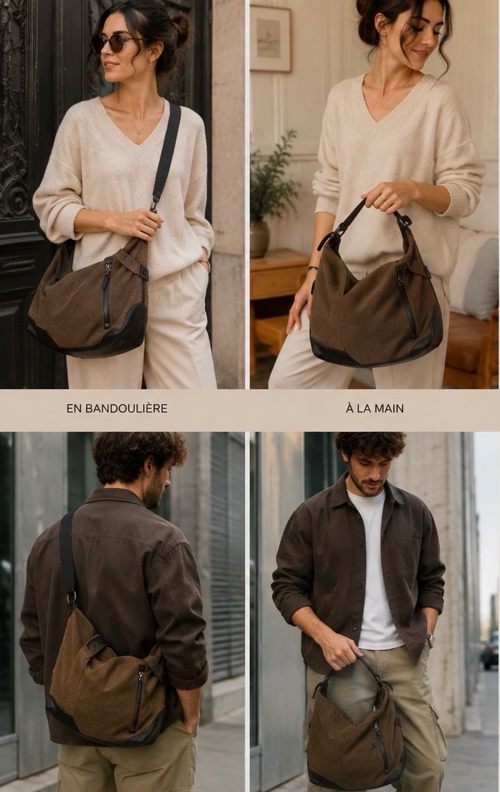  sac UNISEXE hobo convertible multi-positions,un accessoire polyvalent et fonctionnel.