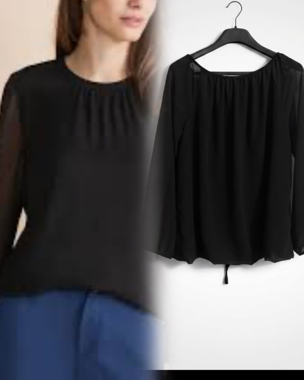 Blouse fluide noire pour femme à manches longues, caractérisée par un style élégant et aérien.