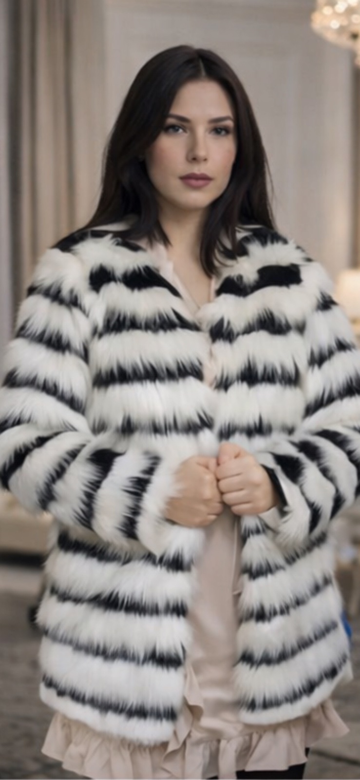 Manteau femme en fausse fourrure zèbre noir et blanc
