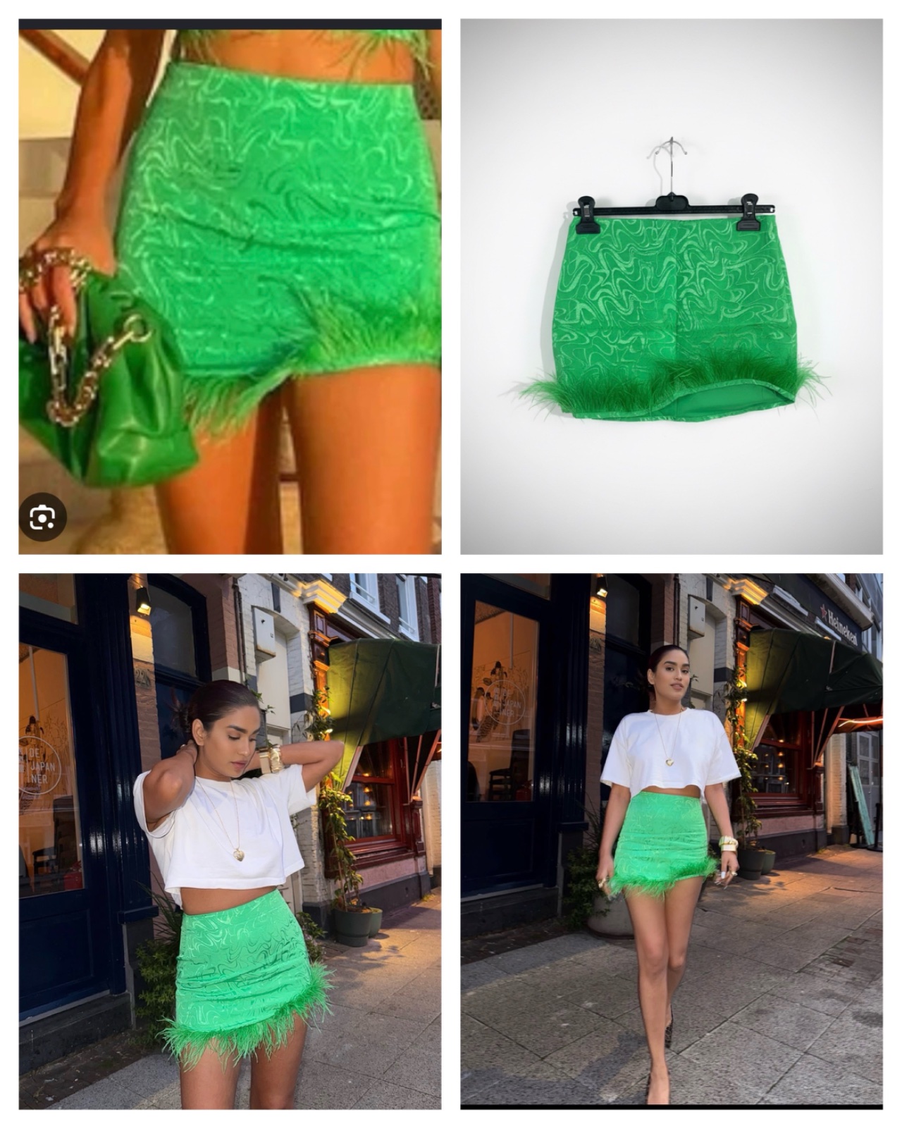 Jupe satinée Bershka vert avec détails plumes 
