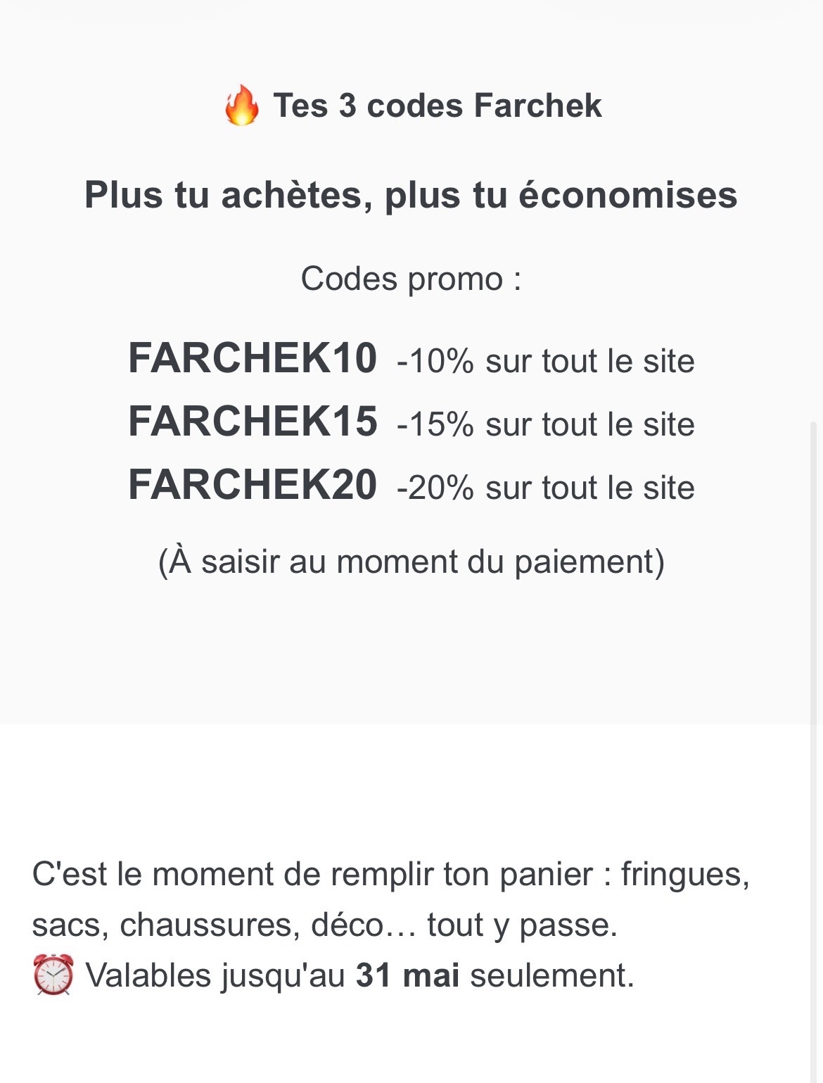 Codes promo • Valables jusqu'au 31 mai seulement
