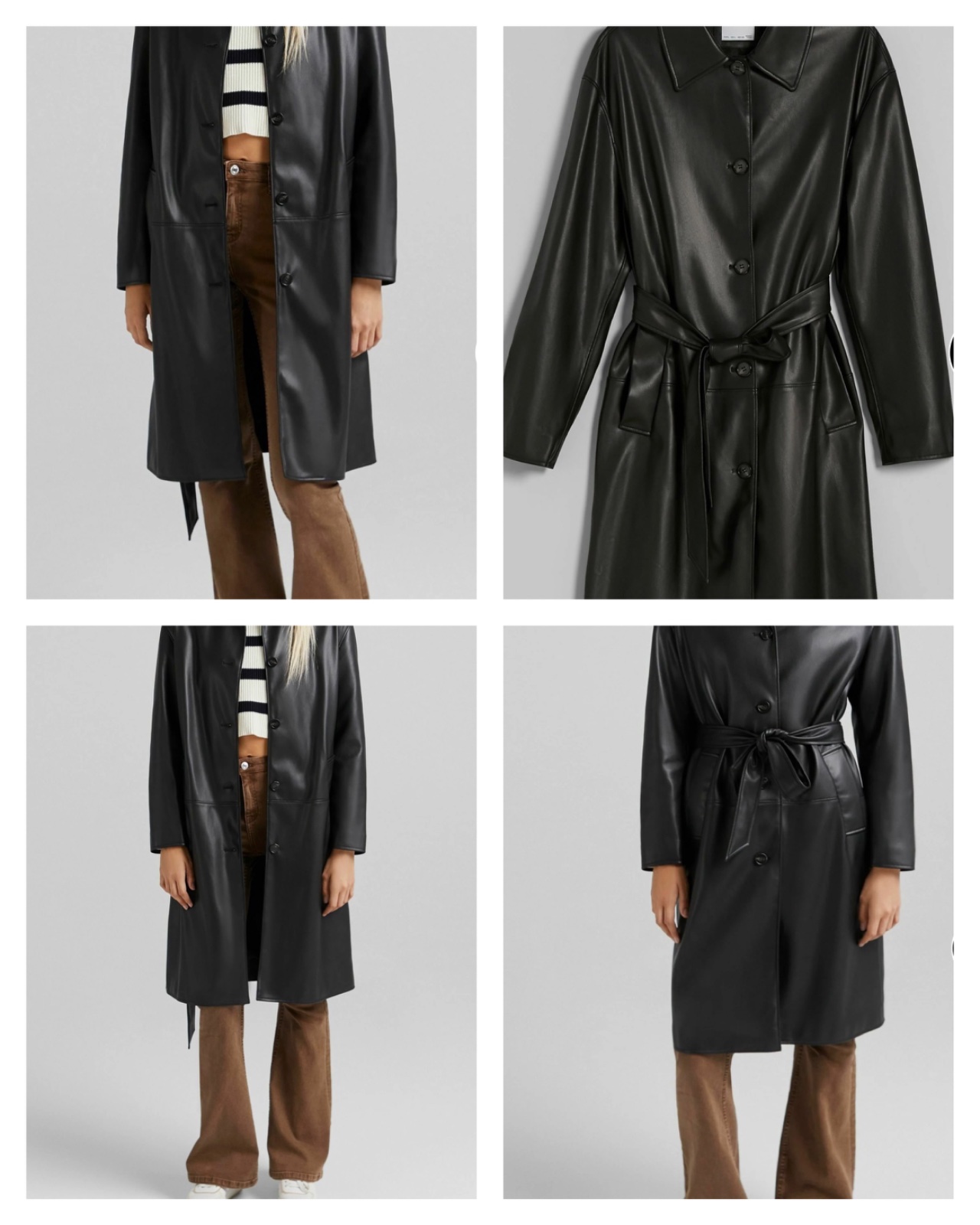 Trench-coat long en similicuir noir pour femme de la marque Bershka.