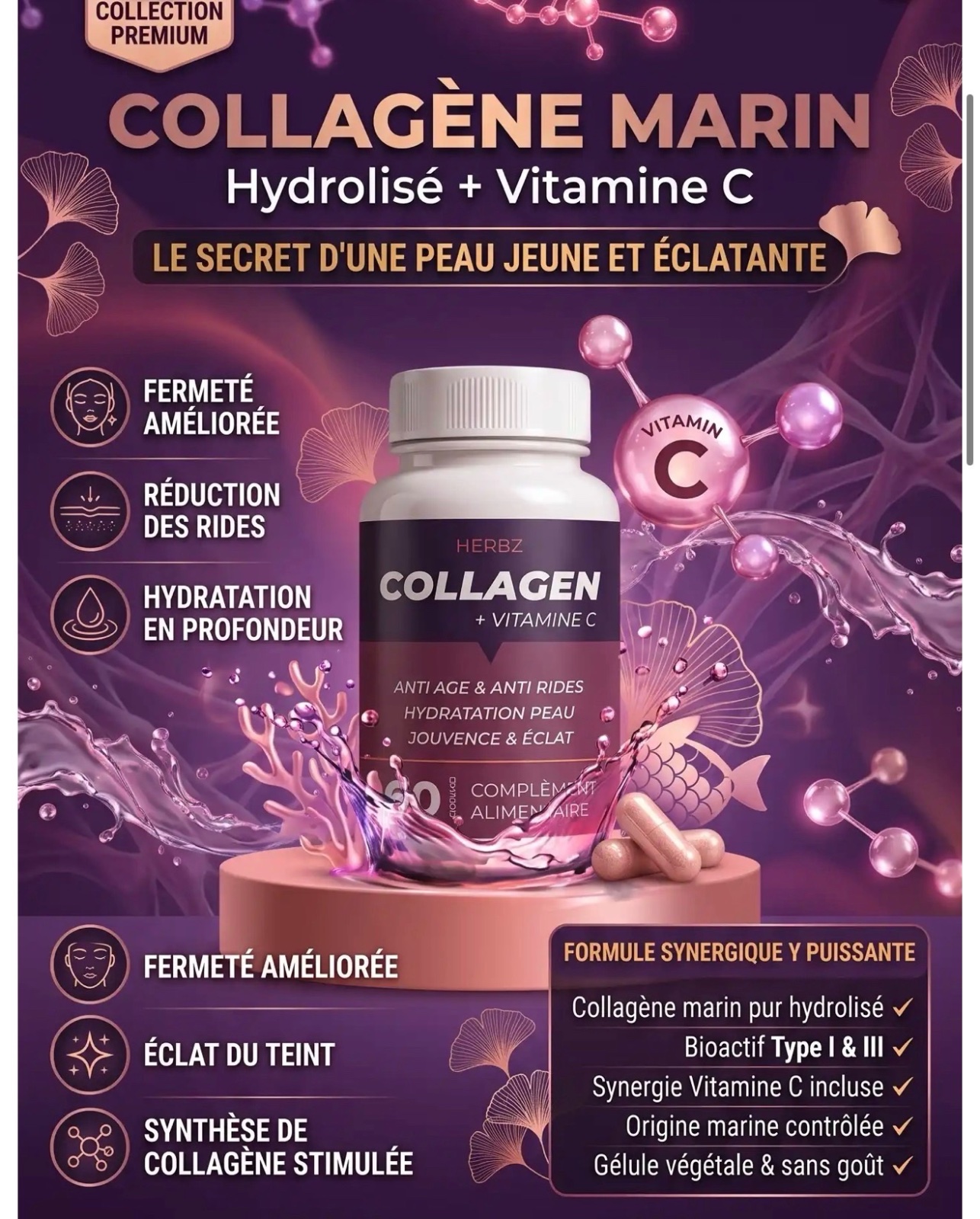 Complément collagène marin + vitamine c + zinc / 60 capsules/ Collagen