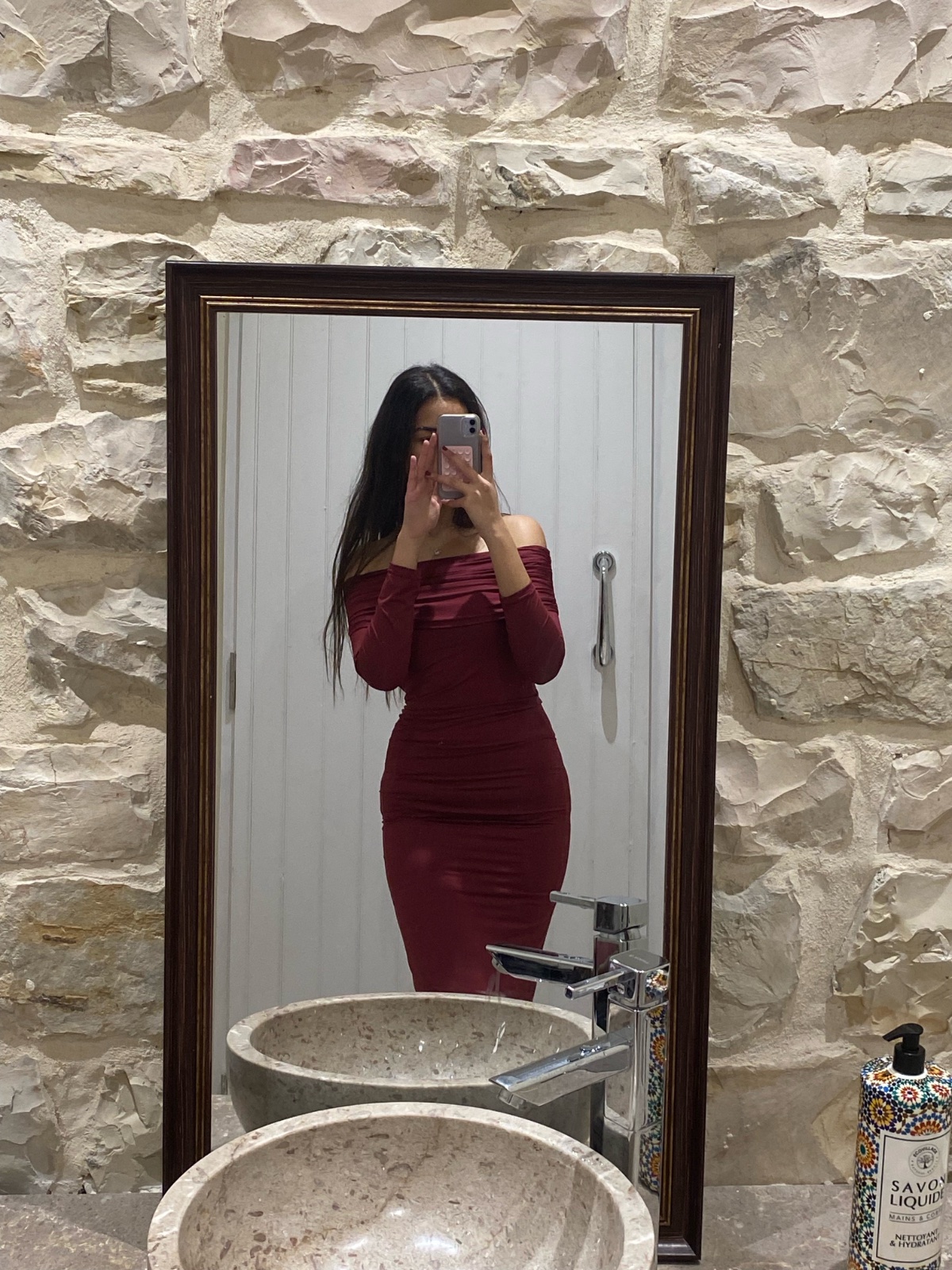 Off the shoulder dress / Robe col bateau burgundy rouge