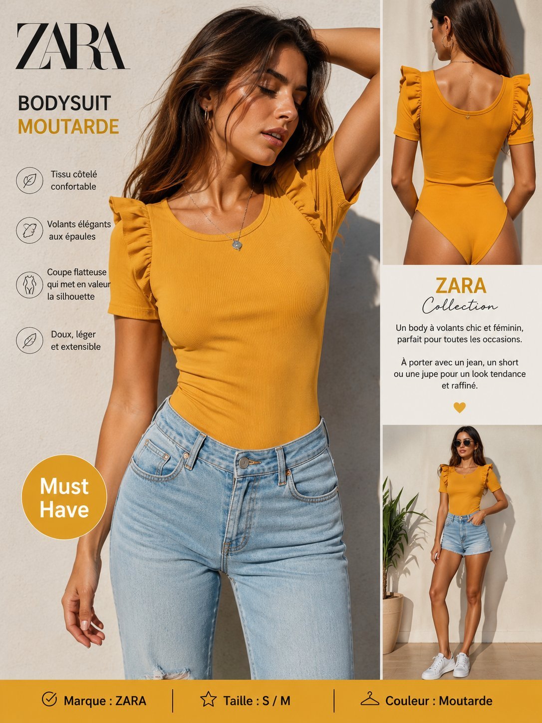 ✨ ZARA Original Bodysuit – Couleur Moutarde ✨