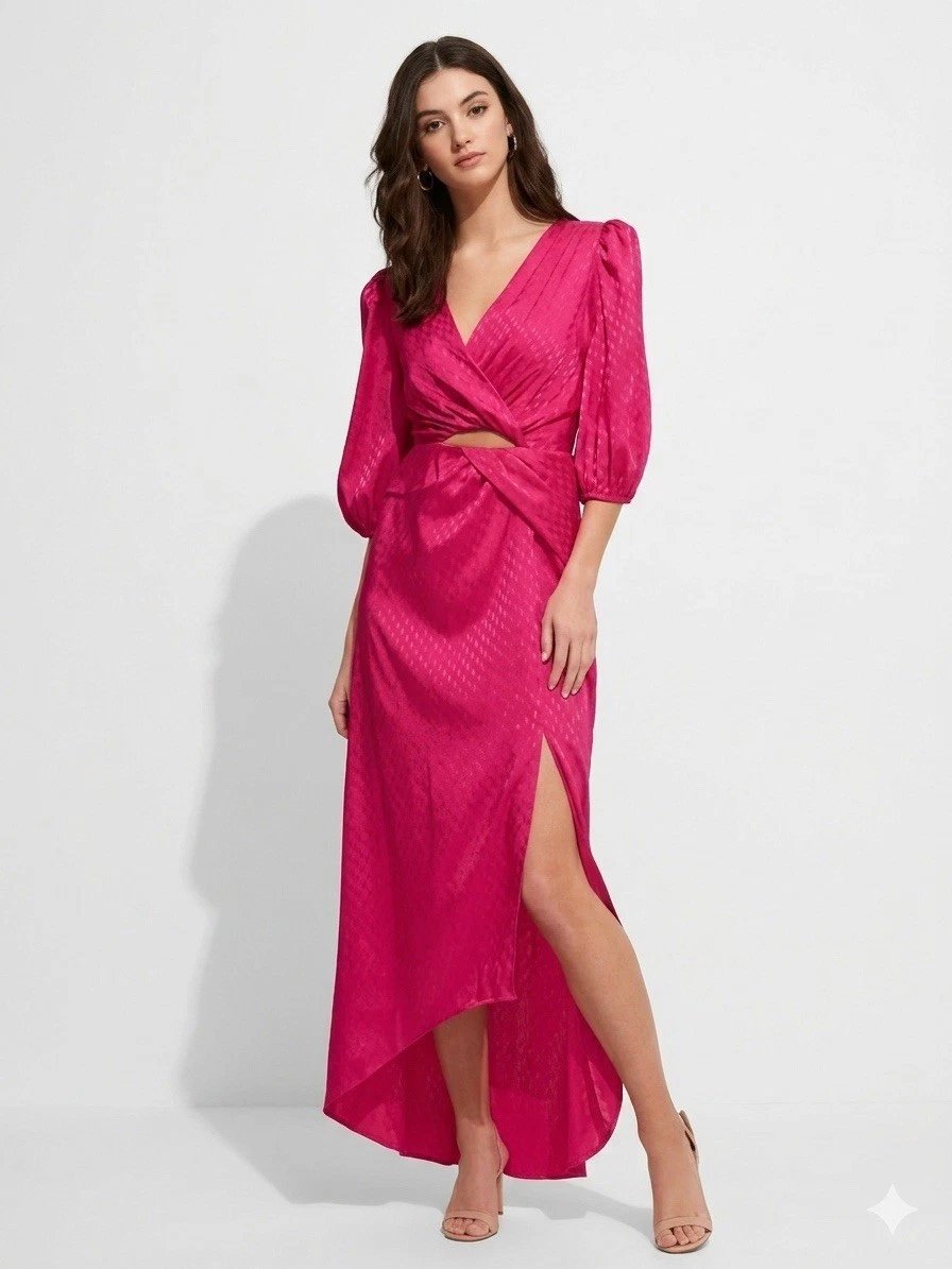 Express Women’s Faux Wrap Dress Hi-Low Puff Sleeve Fuscia