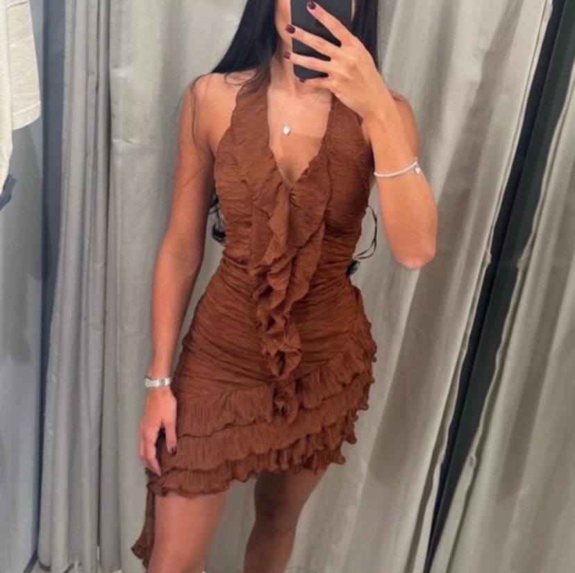 Zara Brown Sheath Midi Dress Halter Neckline