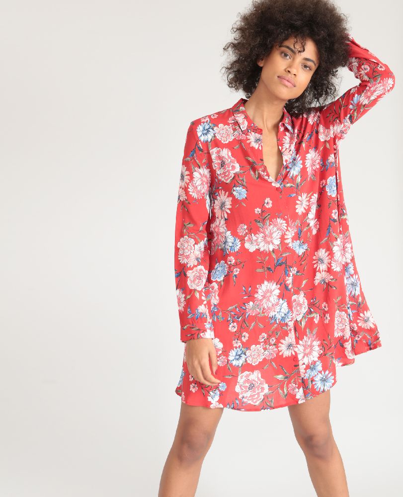 Robe chemise fleurie - Rouge