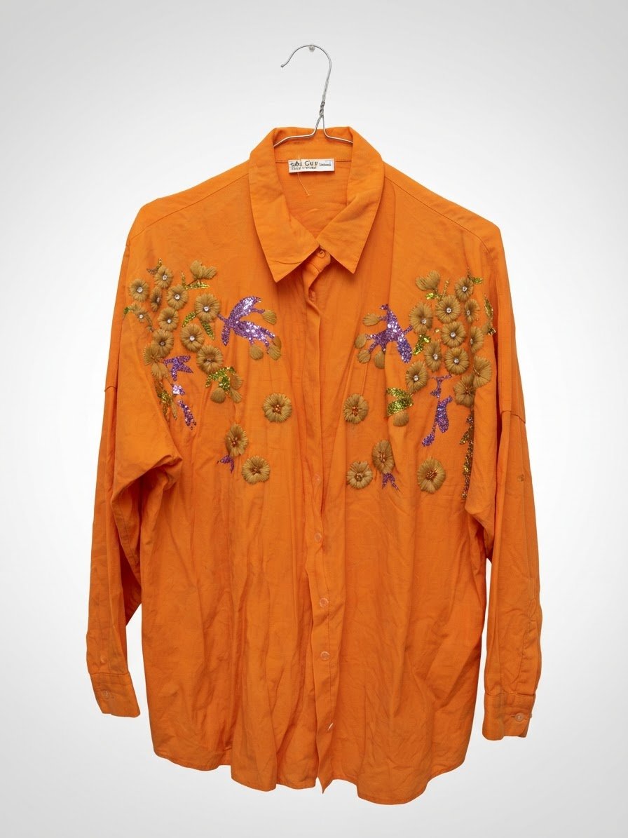 Chemise en lin taille 44 orange avec triza violet et camel