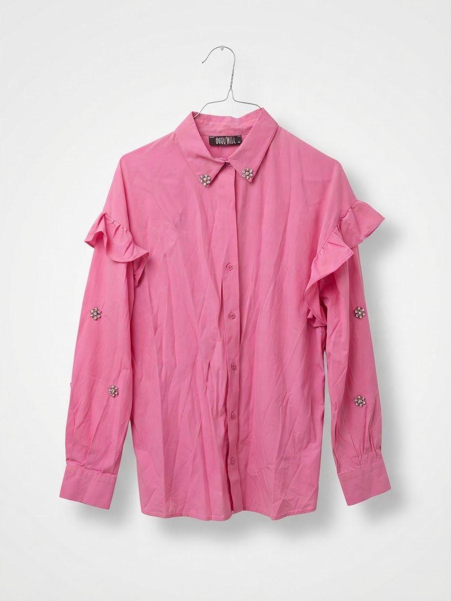 Chemise manches longues avec strasses tres bon etat rose fuschia taille jusqu à 44