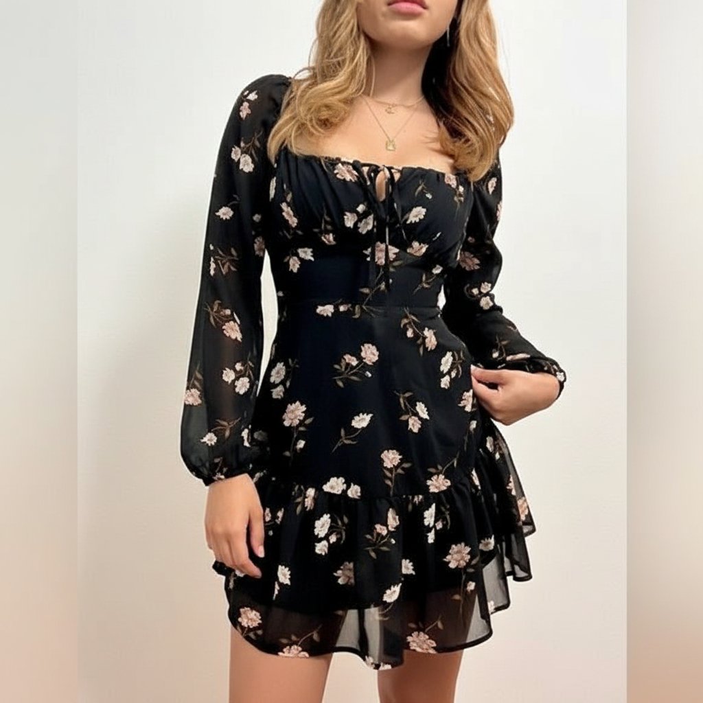 Robe noire à fleurs style romantique