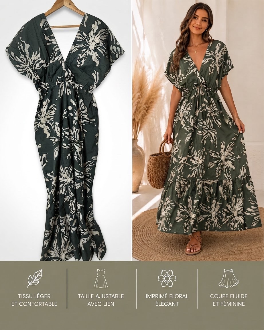 Robe Longue Fleurie Vert Kaki à Taille Ajustable
