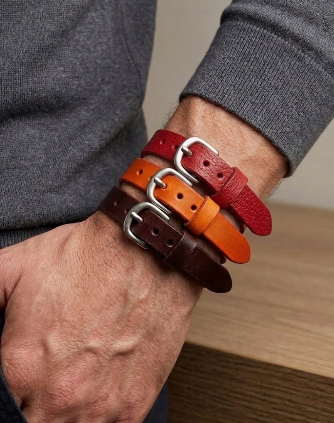Bracelet cuir veritable et acier inoxydable homme