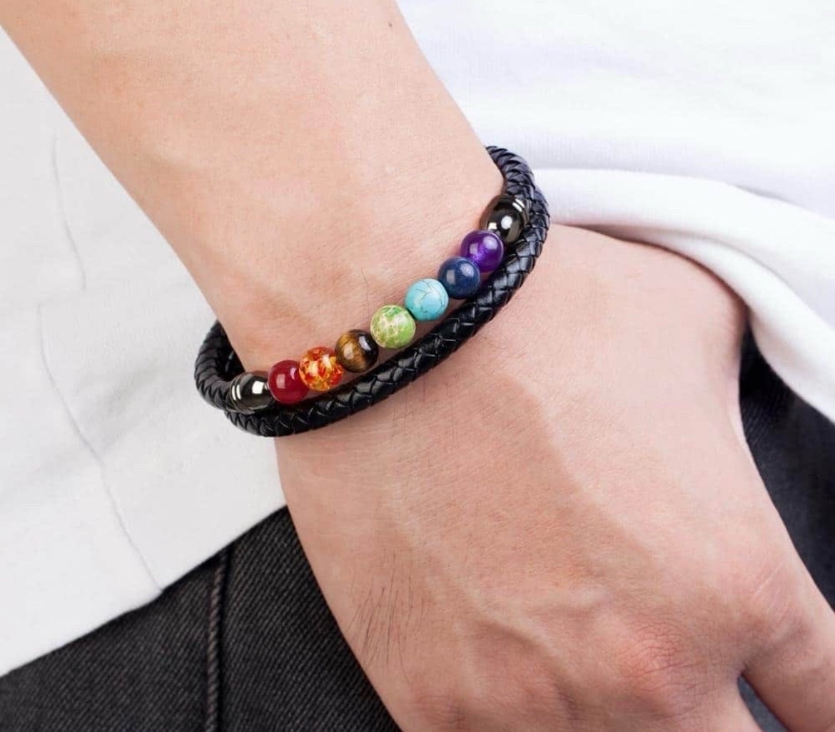 Bracelet cuir et ckakras pour homme