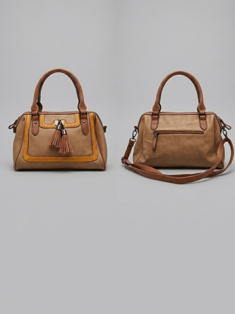 Sac à main bicolore camel et moutarde avec pompons