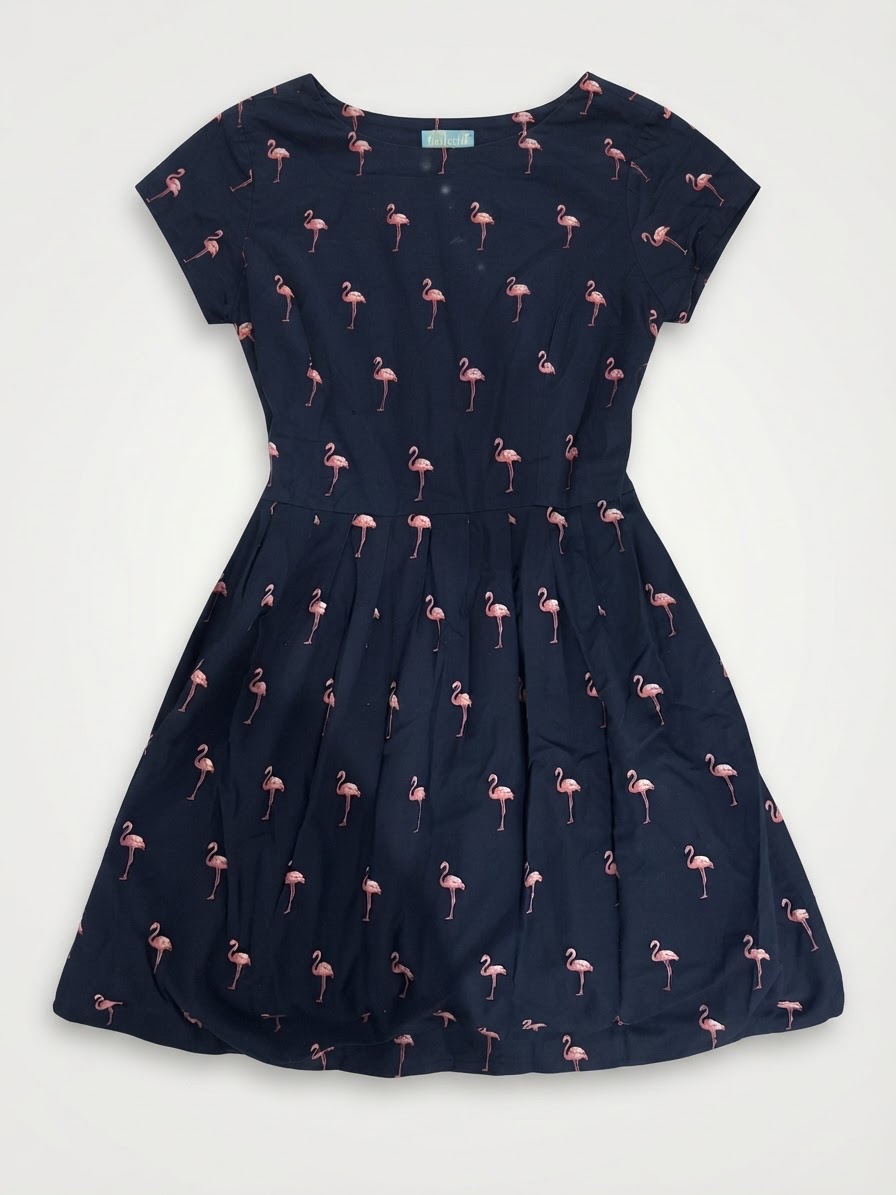 Robe patineuse bleu marine à motifs flamants roses