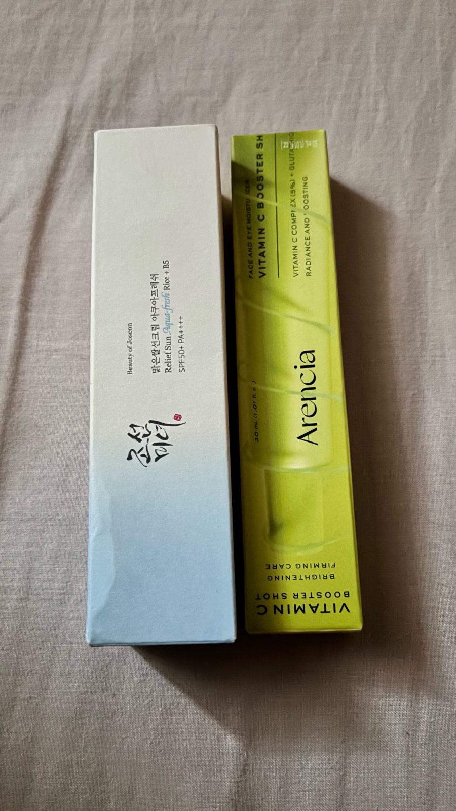 Un lot de beauty of jeoson aqua kiss sunscreen et arencia vitamin c booster shot