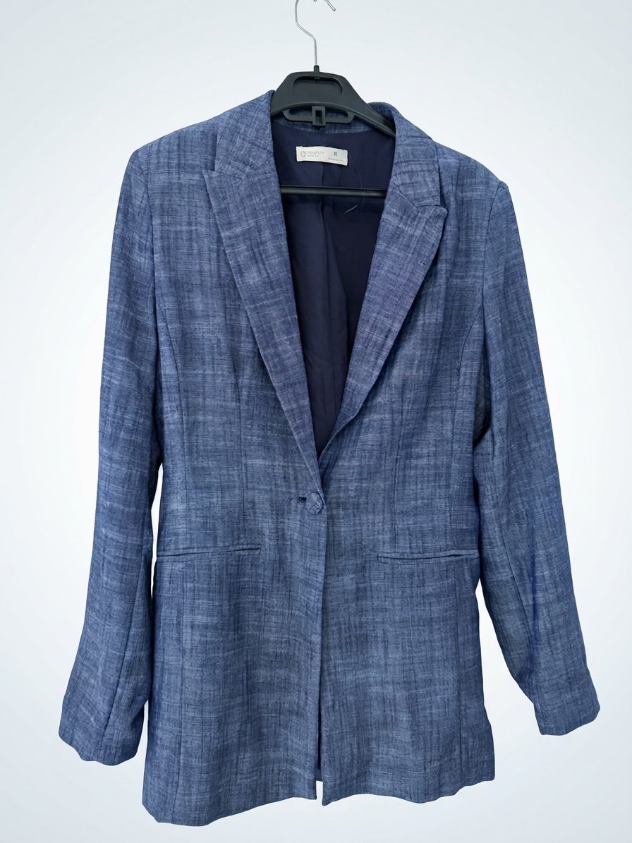 Ensemble tailleur veste & pantalon large bleu effet lin