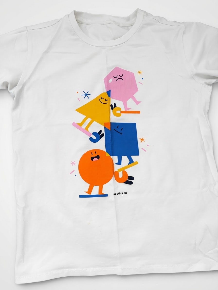 White graphic t-shirt with "shape of humanity" illustration