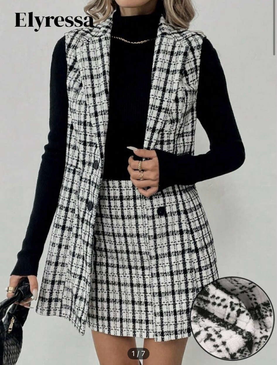 Ensemble femme décontracté 2 pièces : blouse sans manches boutonnée et jupe 