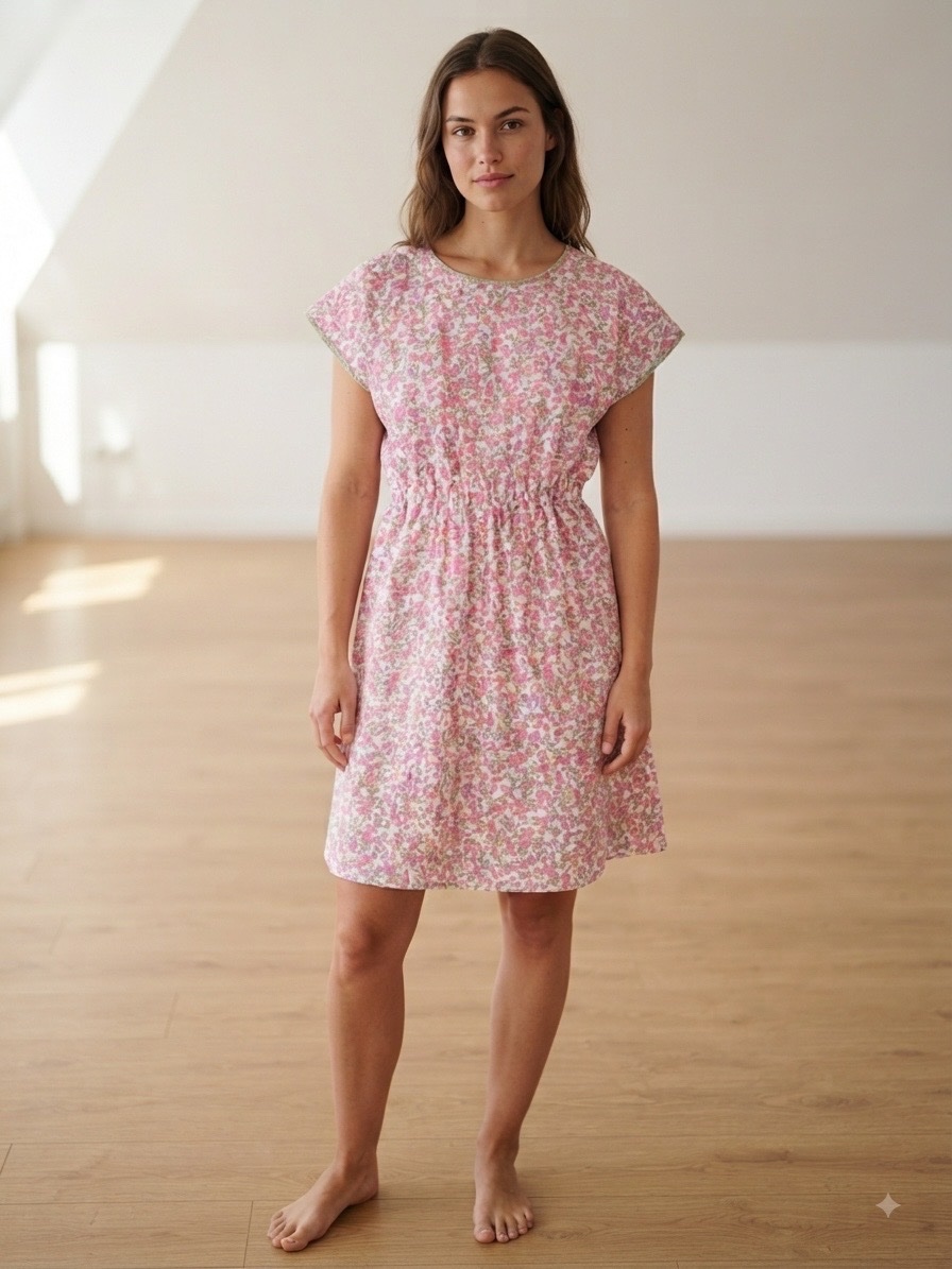Robe rose fleurie – coupe féminine🌸 Robe unique, confectionnée sur mesure