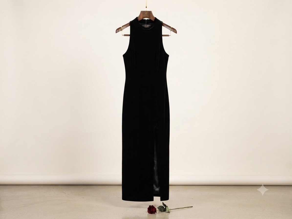 Robe longue noire en velours élégante – chic & minimaliste