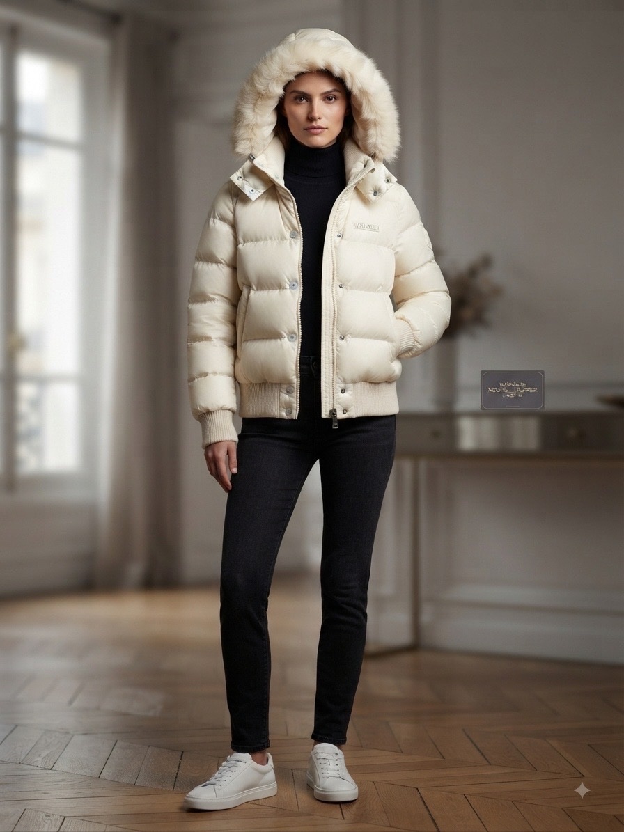 Doudoune blanche à capuche – chaude et élégante