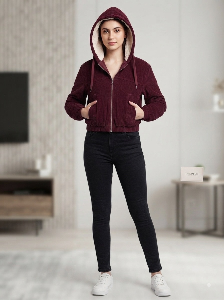 Veste bordeaux à capuche – chaude et confortable