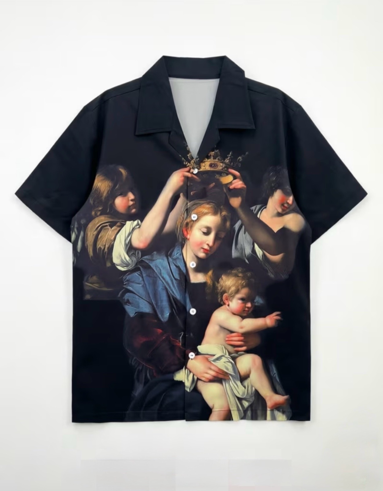  A Single Mens Print Shirt, A Black Short Sleeve Casual Shirt Featuring A Medieval Oil Painting Style With A Queens' Design 