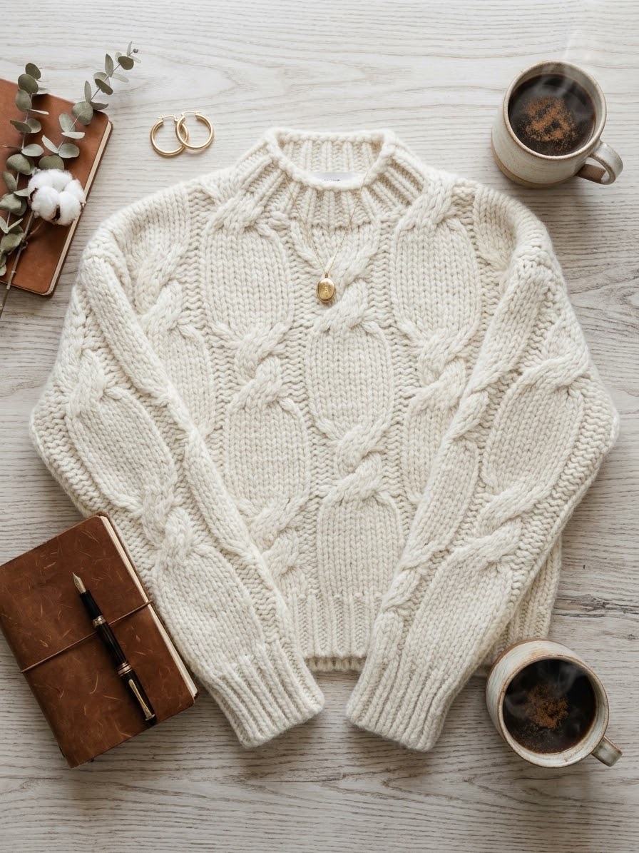 Pull épais à mailles torsadées blanc cassé / écru – Neuf avec étiquette