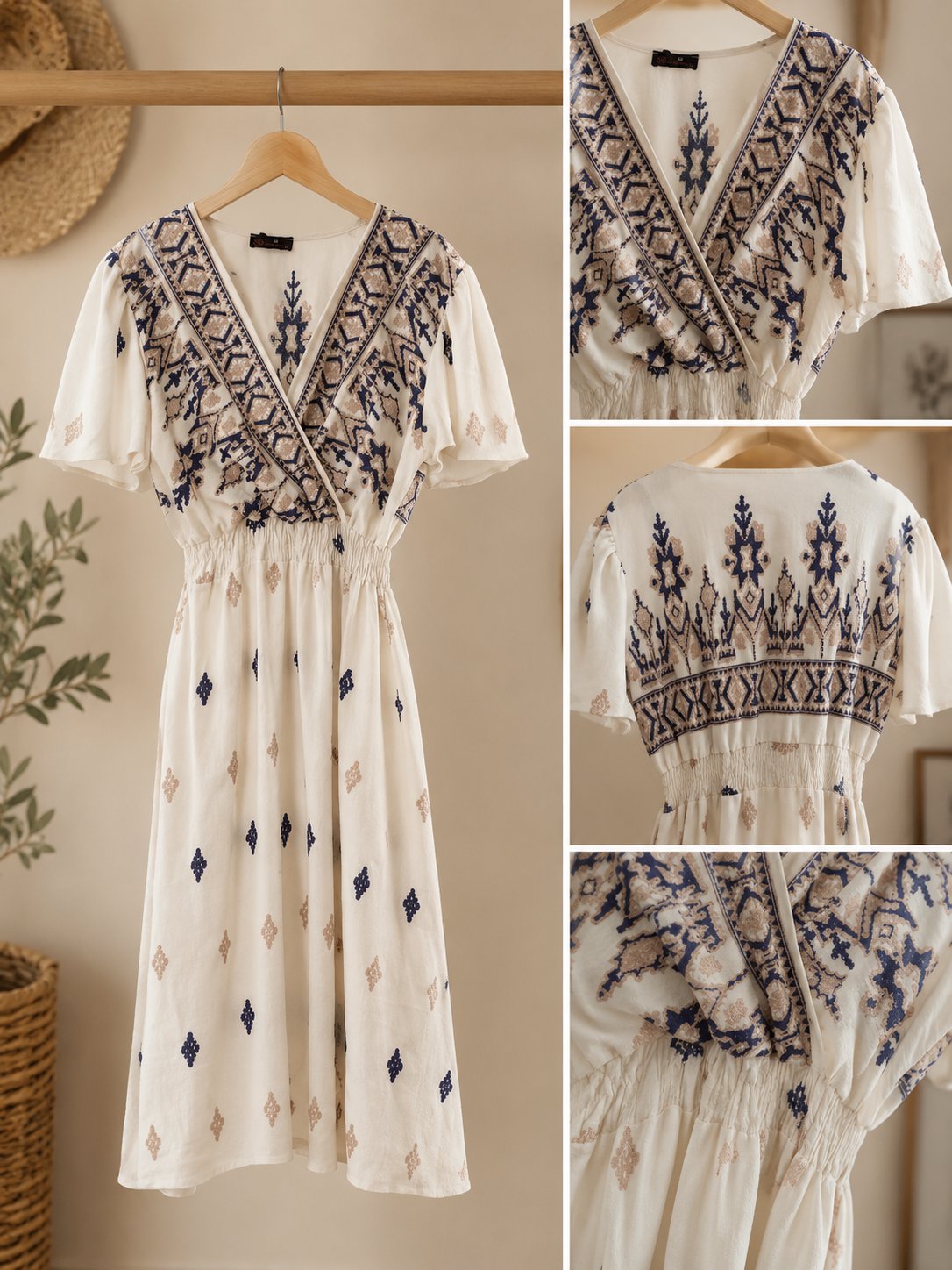 Robe longue bohème écrue brodée bleu marine – Taille 40