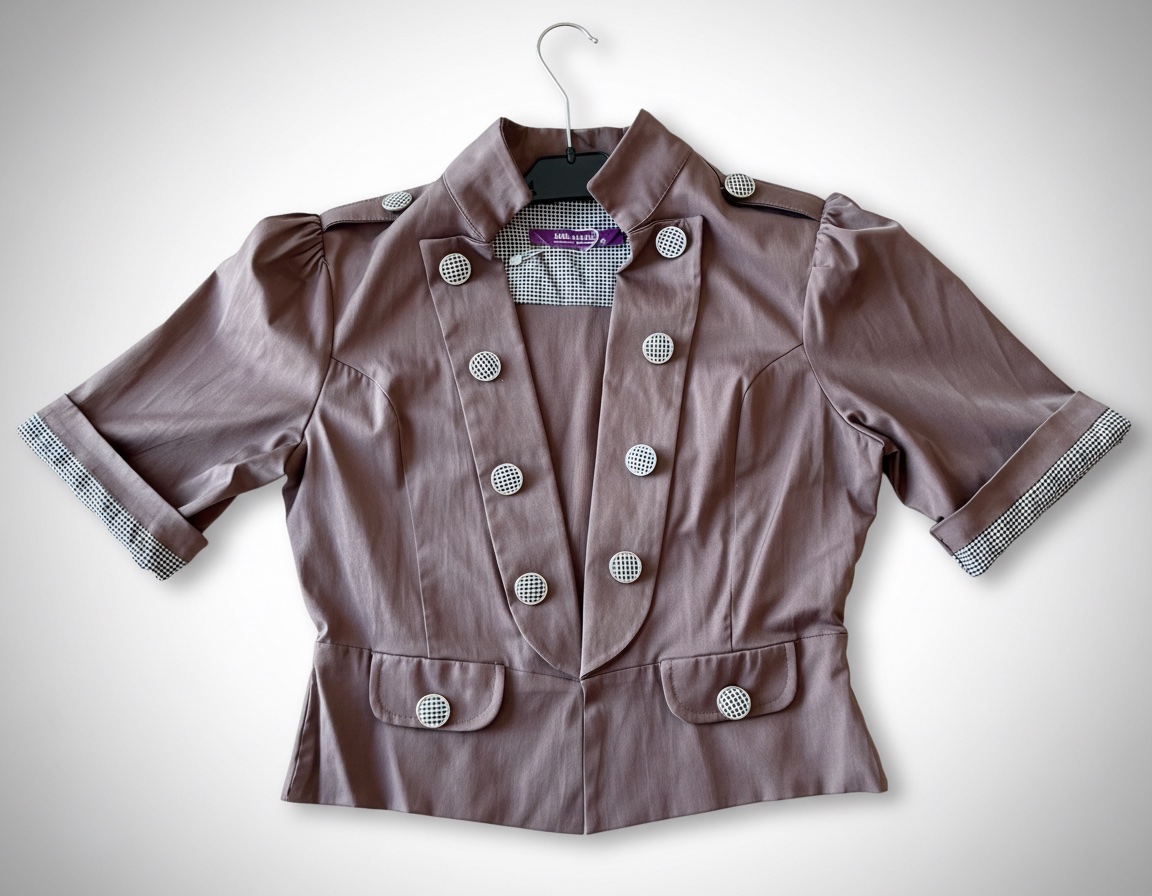 Veste marron taille 44 de la marque Kularium présente des boutons décoratifs à damier et des poches à rabat