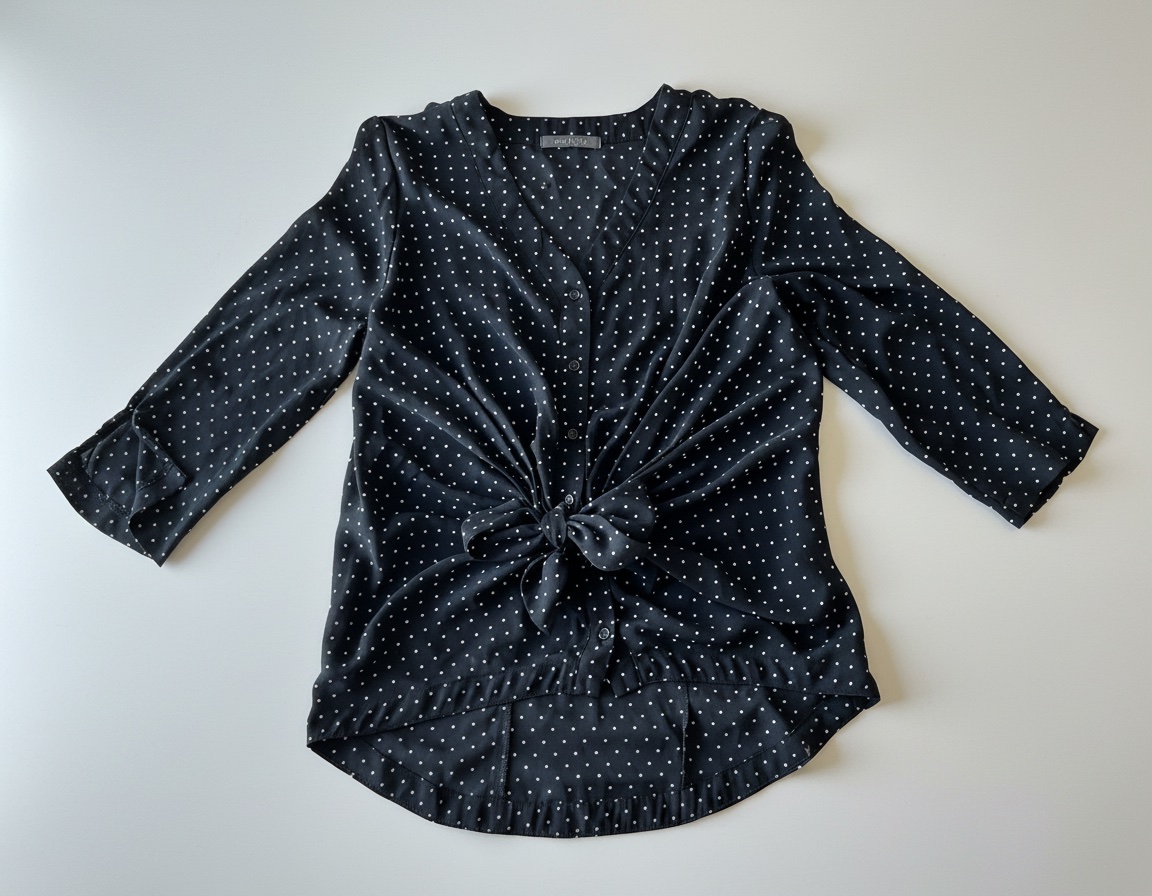 Blouse noire à points blancs legere taille s de la marque SUZZY SHIER présente un détail noué distinctif à la taille et des manches trois-quarts.