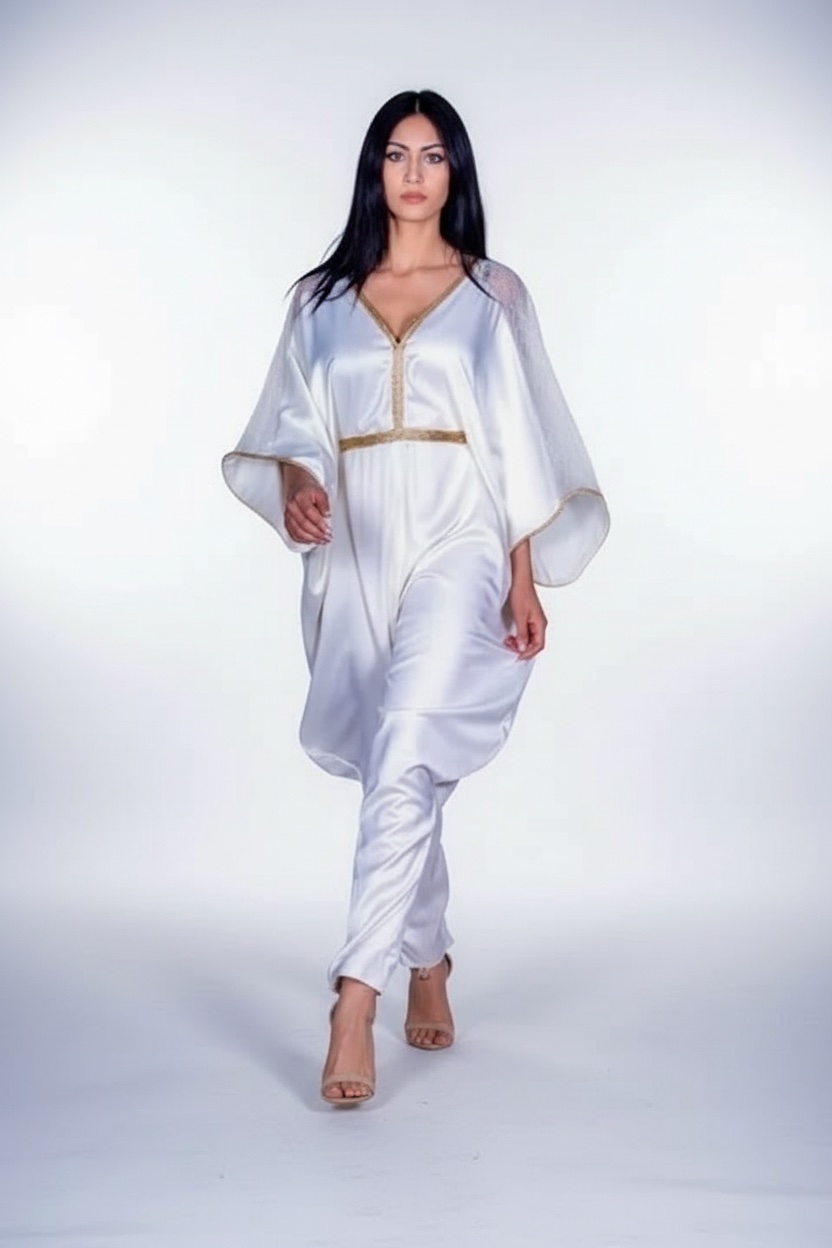 Caftan, combinaison caftan traditionnel taille standard pièce unique, blanc cassé élégante de style caftan avec des détails dorés et des manches papillon