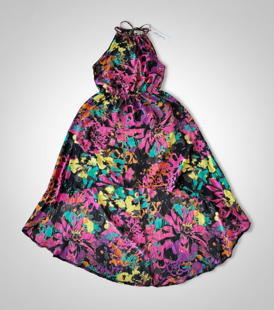 Robe moulante courte-longue taille S présente un motif floral multicolore vibrant sur un fond noir